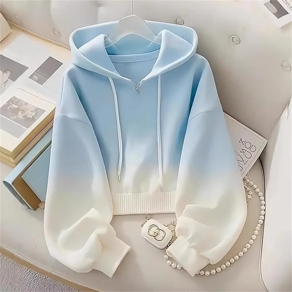 2025 Gradient Temperament Blue Solid Color Hooded Coat Spring and Autumn Dressing Up Collection Casual Fashion Trends Outdoors