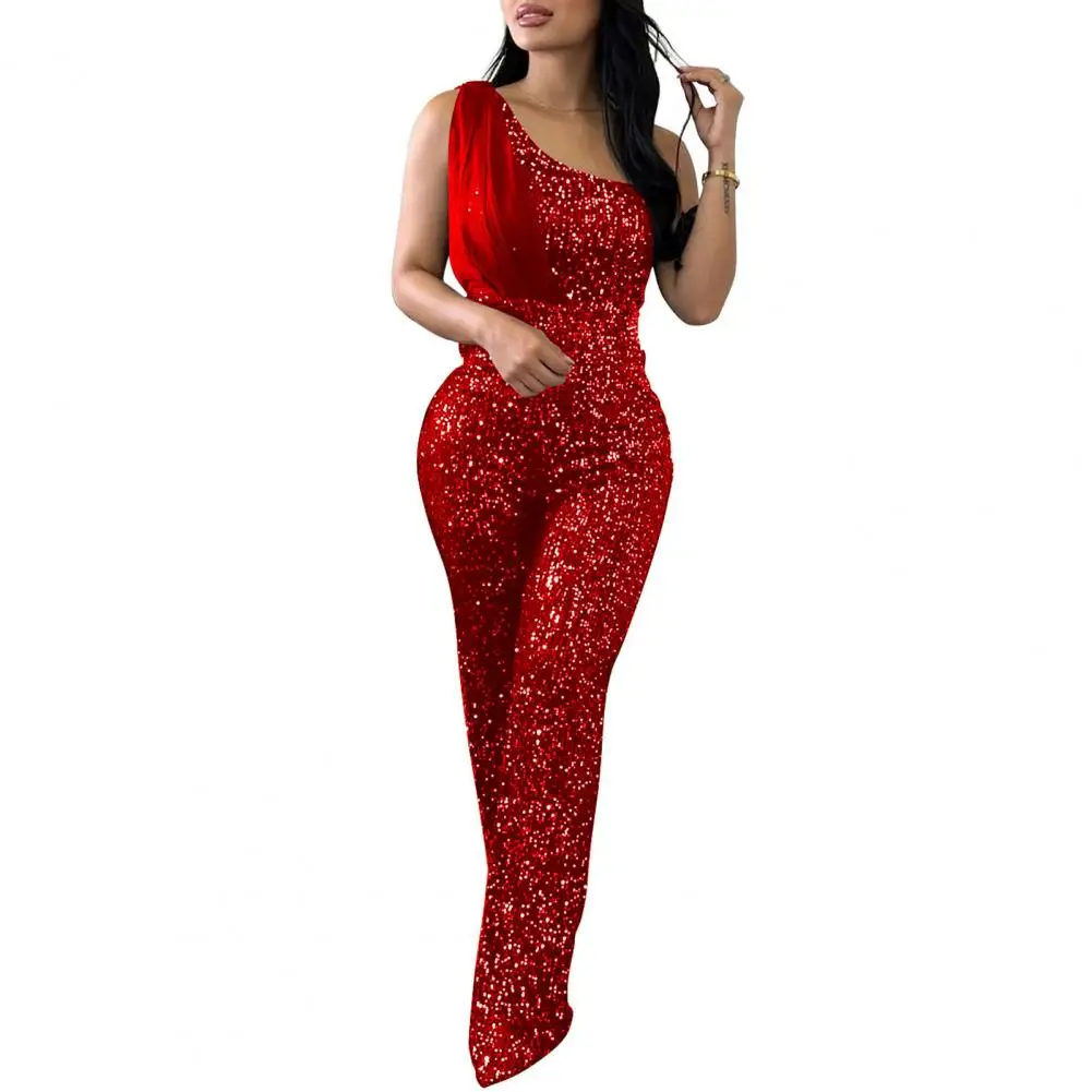 

Elegant Jumpsuit Women Sequin Party Bodycon Rompers Slash Neck One Shoulder Sleeveless Evening Overall Jumpsuit