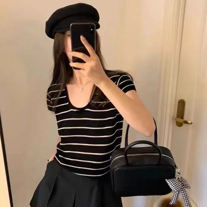 

Корейская свободная повседневная вязаная футболка в полоску с бантом и коротким рукавом для женщин