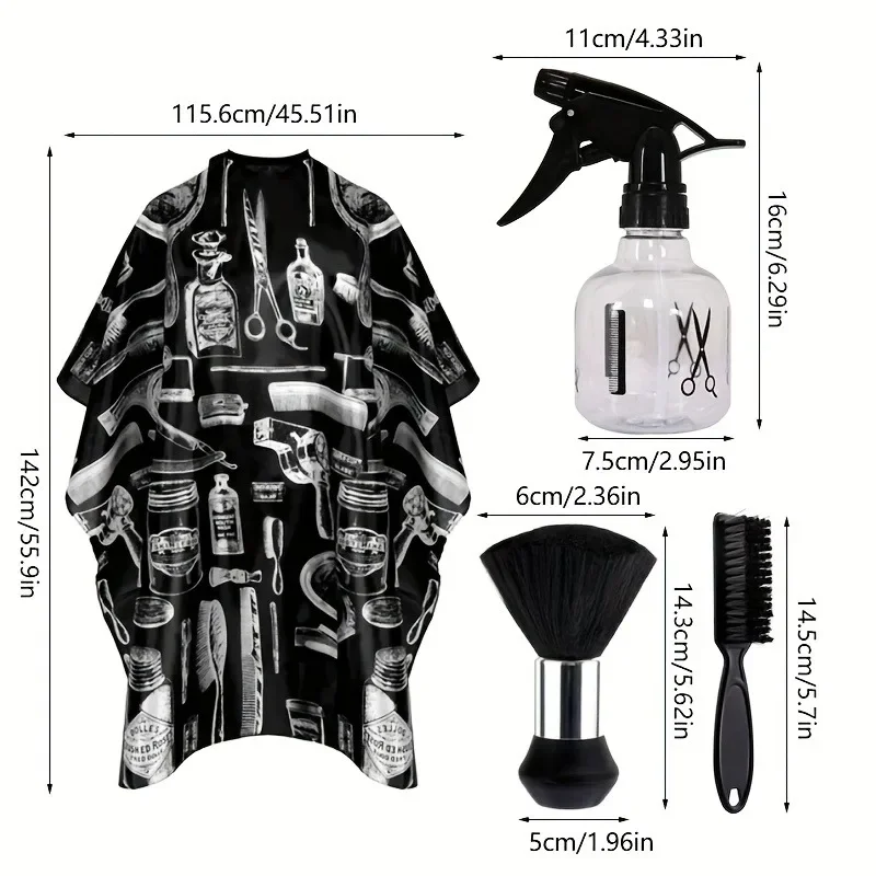 3pcs Professional Haircut Set Barber Cape Neck Duster Brush Polyester Apron with Spray Bottle Haircut Styling Accessories
