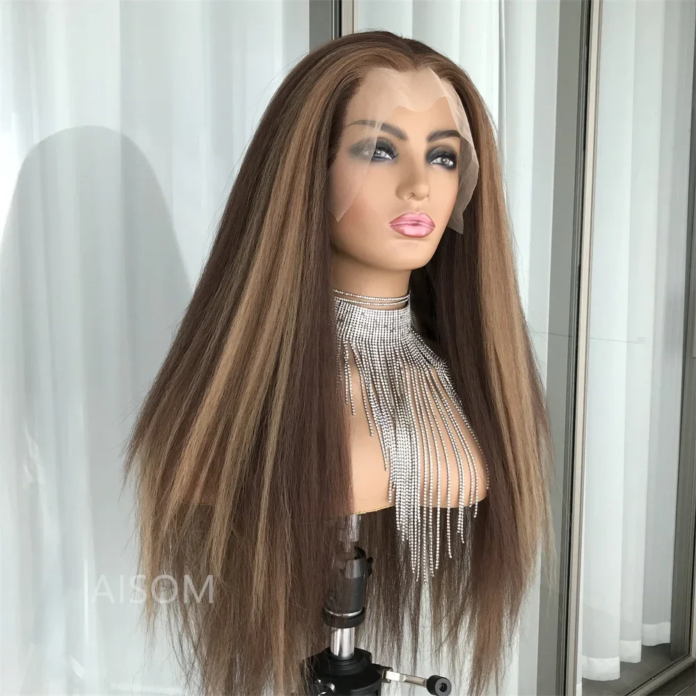 

180Density Glueless 26" Long Highlight Brown Silky Straight Lace Front Wig For Women BabyHair Heat Resistant Preplucked Daily