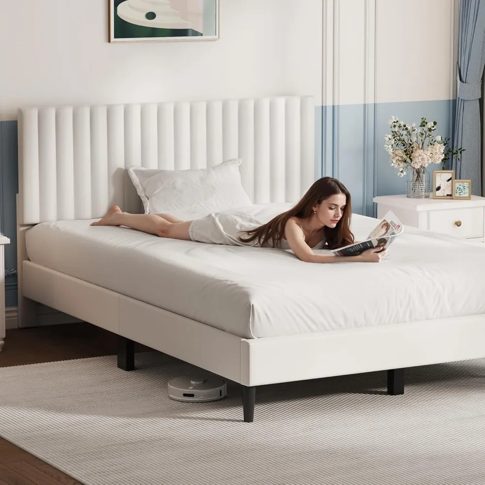 إطار سرير بمنصة كوين مغطاة بالمخمل مع لوح رأسي ودعم شرائح خشبية وأساس مرتبة صامتة