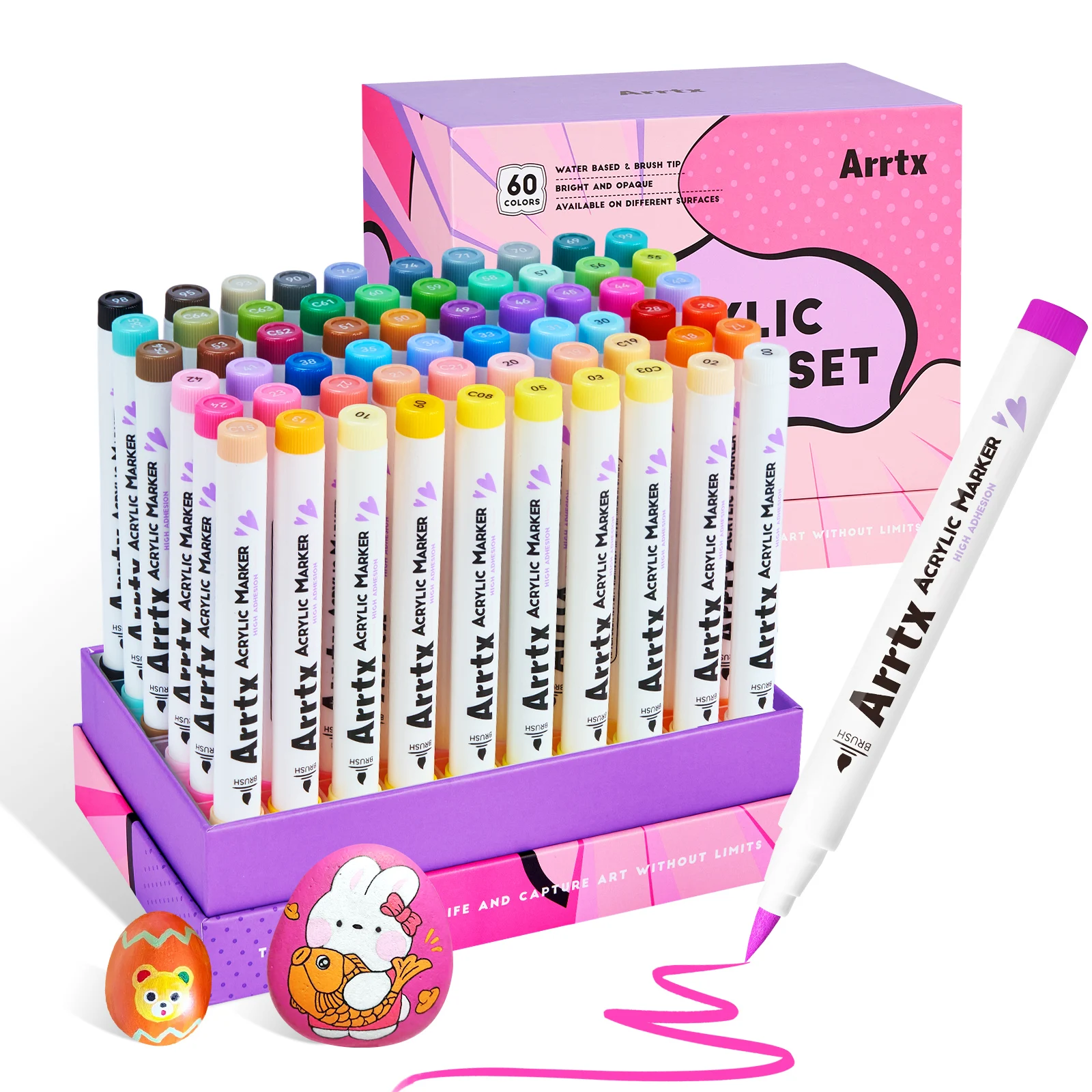 Arrtx 60 Colors Paint Markers Paint Pens, Acrylic Markers Brush Tip for Rock Painting, Wood, Canvas, DIY Crafts Making