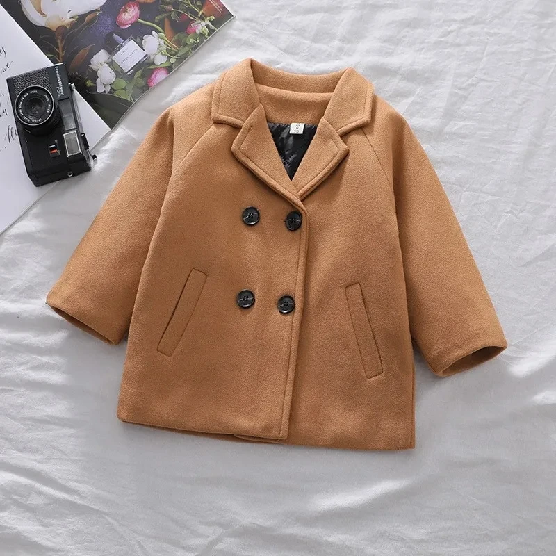 Spring Boys Jackets Child Girl Woolen Double-breasted Baby Trench Coat Lapel Autumn Kids Outerwear Winter Wool Overcoat