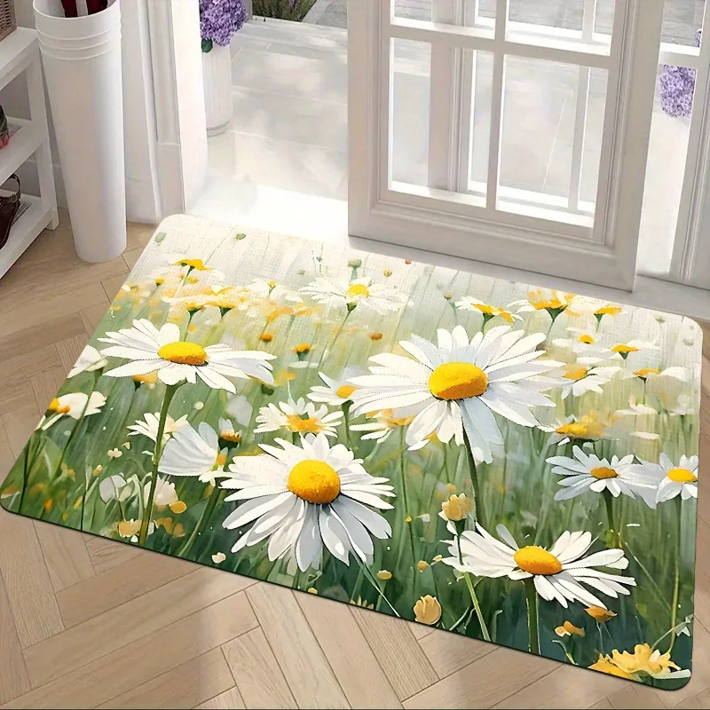 1pc entrance floor mat, white chrysanthemum element pattern printed floor mat, indoor and outdoor entrance kitchen floor mat