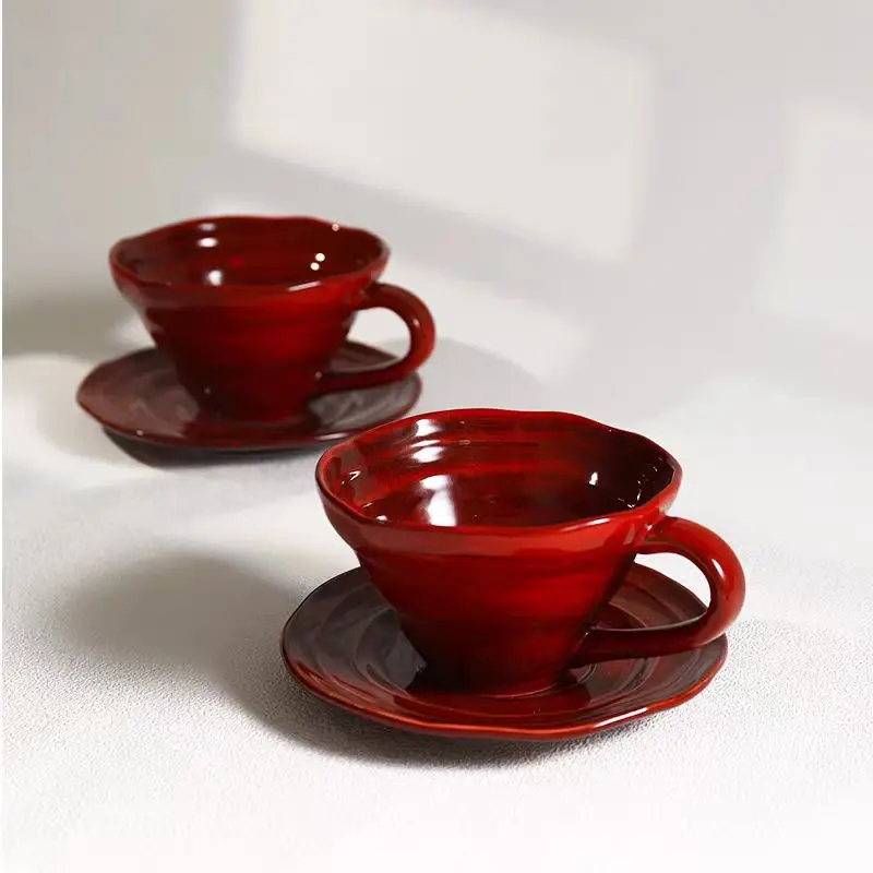 

Vintage red coffee cup, coffee cup plate set, ceramic afternoon tea utensils, breakfast cup