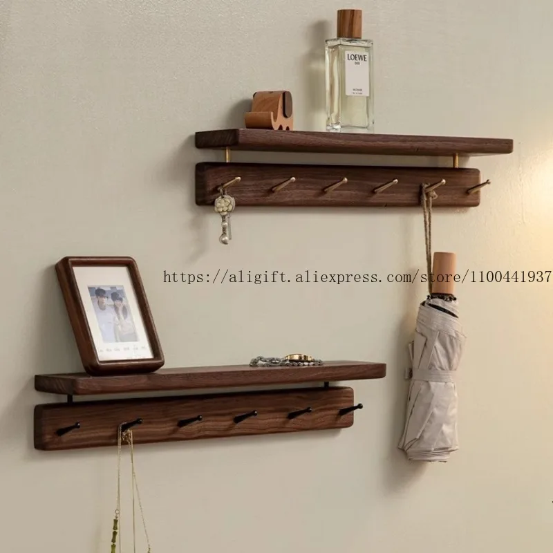 

Wall Mounted Hook Rack No Drill Strong Adhesive Solid Wood Coat Hat Organizer Heavy Duty Entryway Storage Shelf
