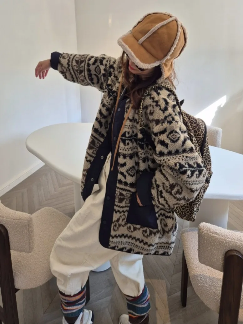 على الوجهين يمكن ارتداؤها فرو الضأن Jaet المرأة فضفاضة تناسب معرض جزيرة منقوشة ملابس خارجية ربيع الخريف الشتاء عادية Sle #3