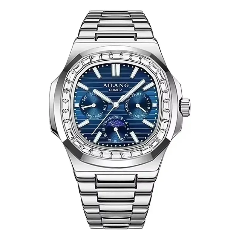 AILANG-6001 Men Quartz Watch Octagonal Diamond Bezel Blue Wave Dial Multi-function Calendar Stainless Steel Band Waterproof
