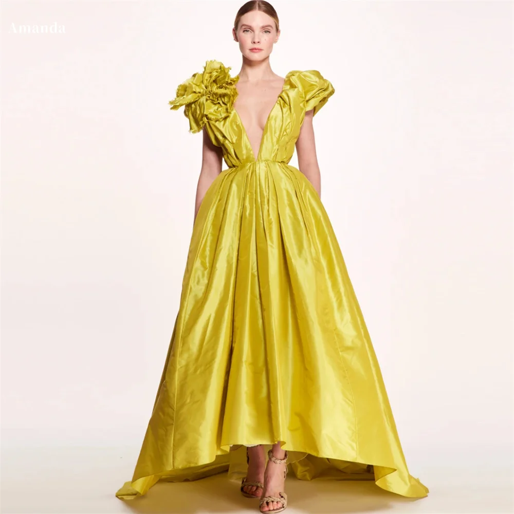 

Amanda Taffeta V Neck Draped robes de soirée Evening Floral Ball Gown Backless Dresses Cocktail Party Floor-Length Wedding Dress
