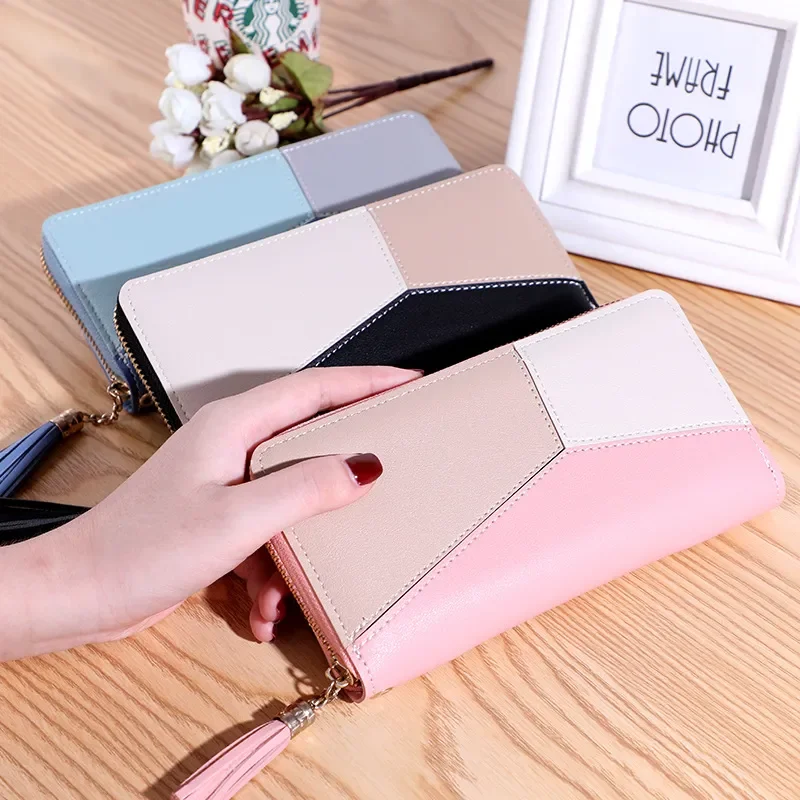 Cartera corta con cremallera para mujer, monedero con paneles a la moda, tarjetero de cuero