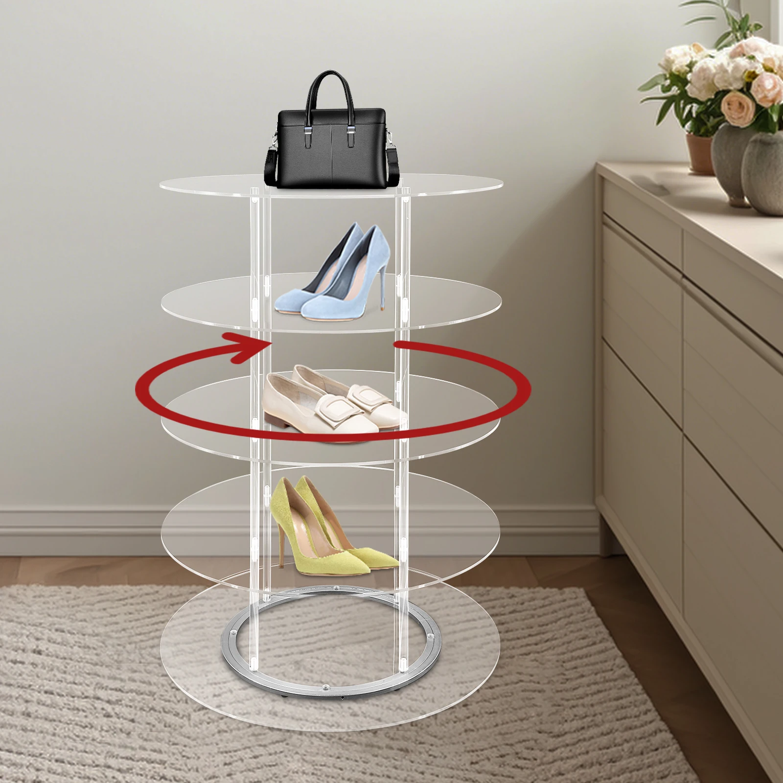 

5-Tier Free Standing Shoe Organizer for Entryway/Cloakroom, Rotating Shoes Shelf Organizer, Acrylic Rotating Shoe Rack