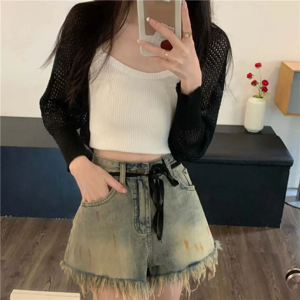 

Негабаритный полый вязаный кардиган, топ с длинными рукавами, свободная вязаная солнцезащитная шаль, тонкий корейский стиль