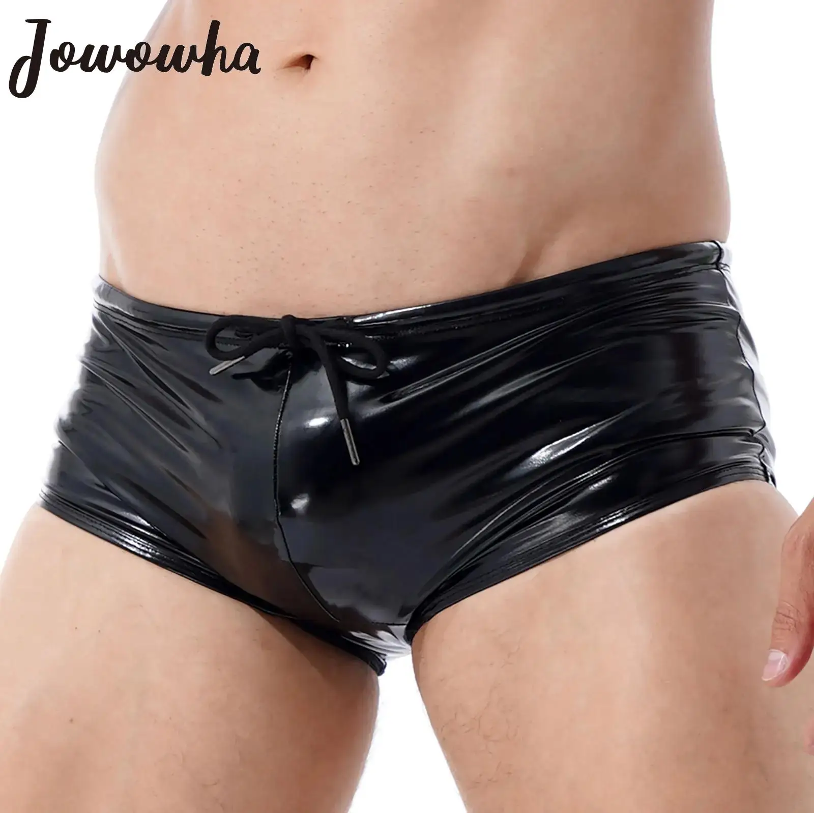 Mens Wet Look Patent Leather Boxer Shorts Swimming Trunks Low Rise Drawstring Panties Underwear Swimwear Lingerie Party Clubwear