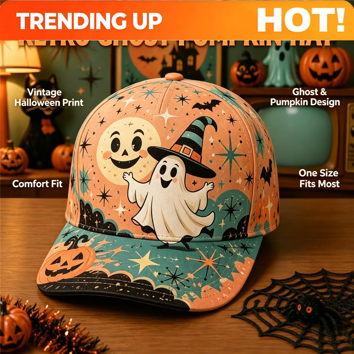 Customization Happy Halloween Vintage Witch Hat Moon Pumpkin Bat Pattern Costume Halloween Party Trick Or Treat Night Outdoor Tr