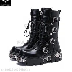 Retro Casual High Boots for Men's and Women's Metal Motorcycle Boots Workwear Rock Thick Soled Boots Motorbike Racing Shoes