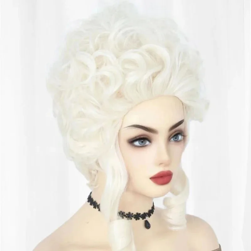 

2025 11 Marie Antoinette Cosplay White Synthetic Short Curly Coser Cute Girl Heat Resistant Fiber High Quality Wig Hallo