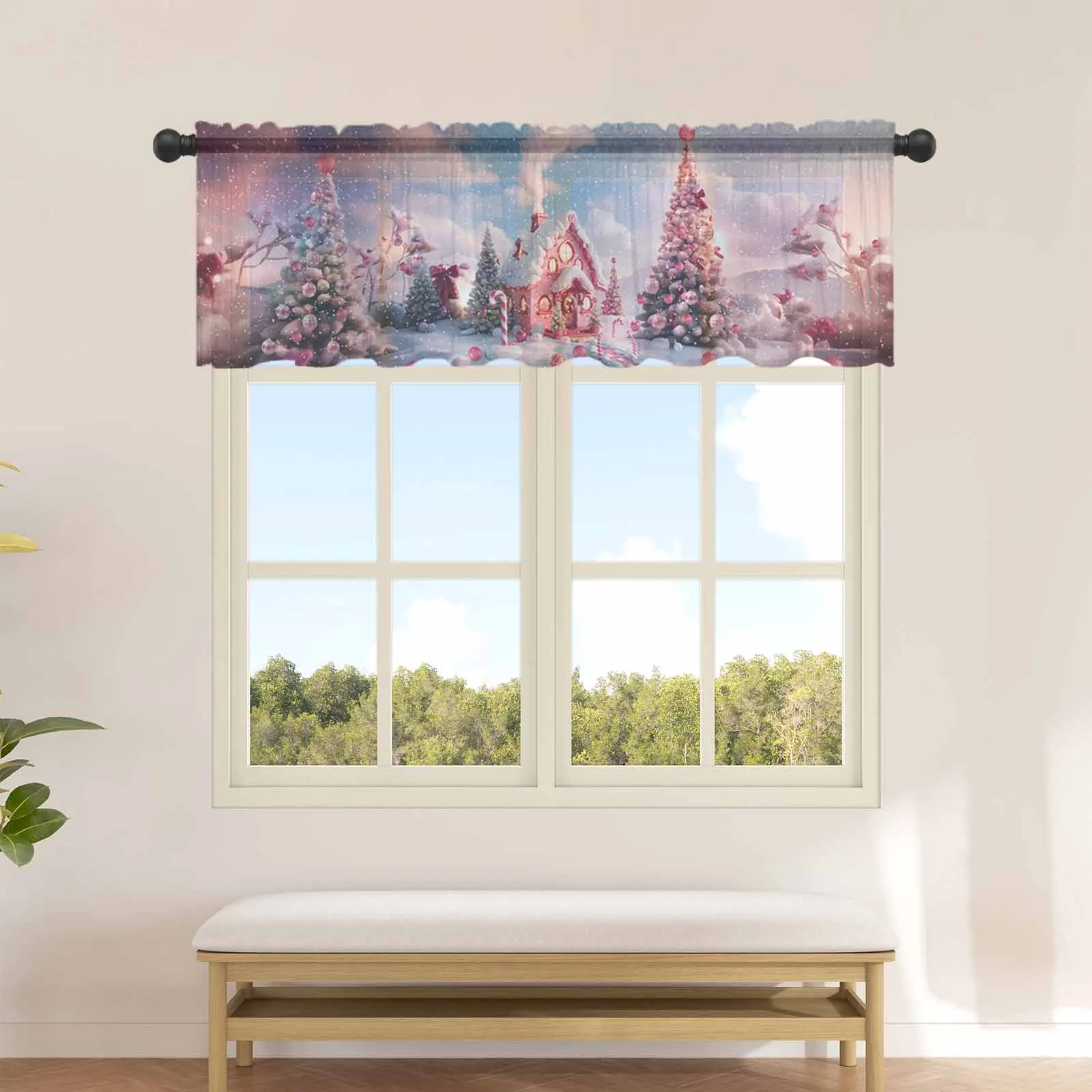 Christmas Candy House Snow View Countryside Small Sheer Window Curtain Tulle Short Curtain Home Decor Kitchen Voile Drapes