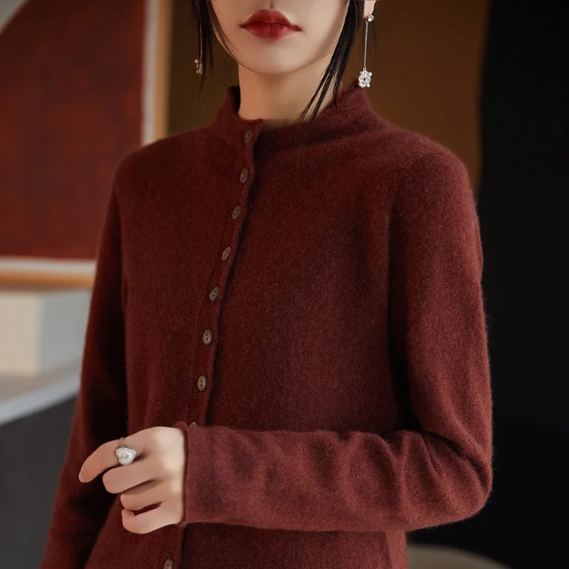 Cardigan à manches longues pour femme, veste boutonnée, 100% laine australienne, couleur unie, document, mode française, automne et hiver