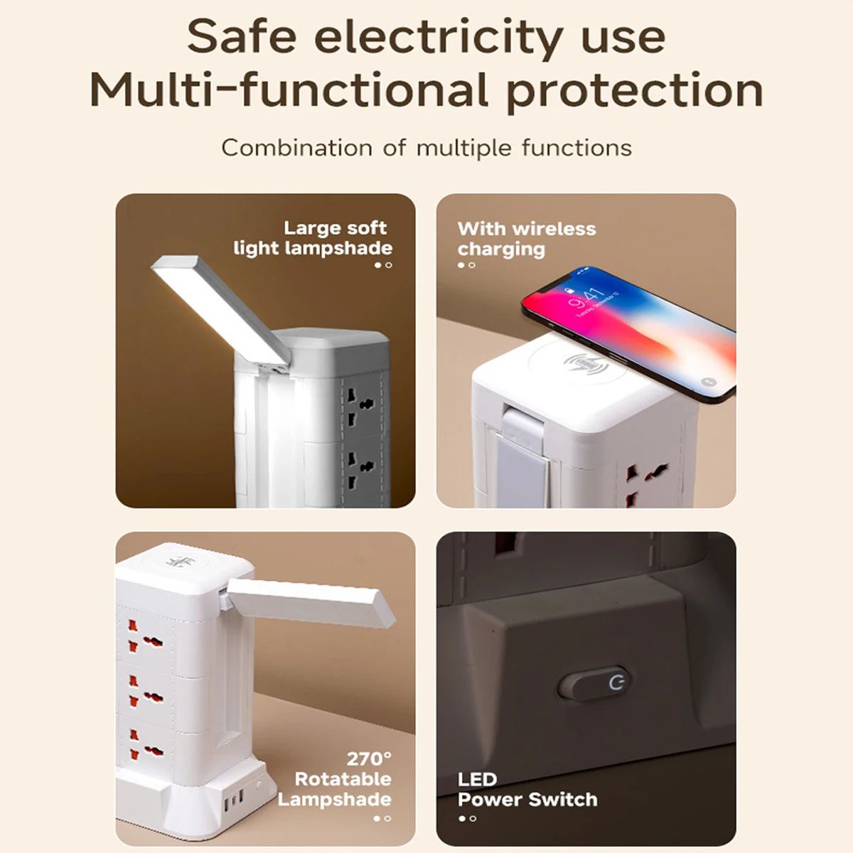FUNAYA Wireless Charging Tower Power with Multiple EU UK US AU Plugs with USB-A C Extension Cable 2/3M Cable Surge Protector