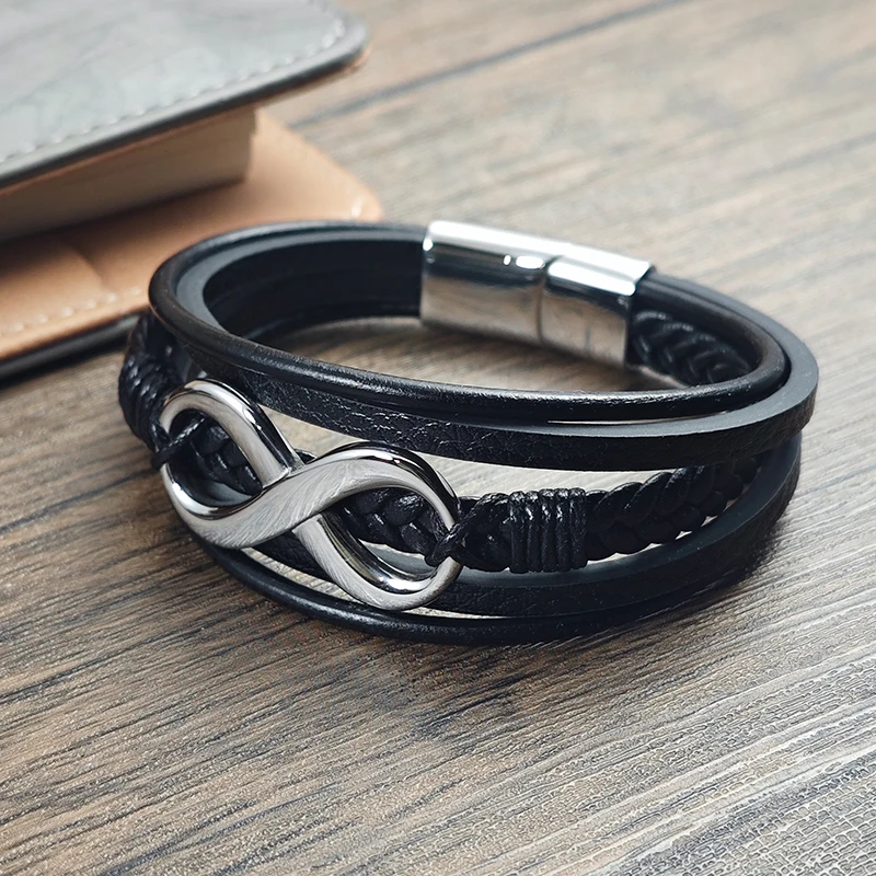Edelstahl Herren-Lederarmband mit 8-förmigem Design Unendlichkeitssymbole Luxus-Schmuck Stahl/Schwarz zur Auswahl Geburtstagsgeschenk