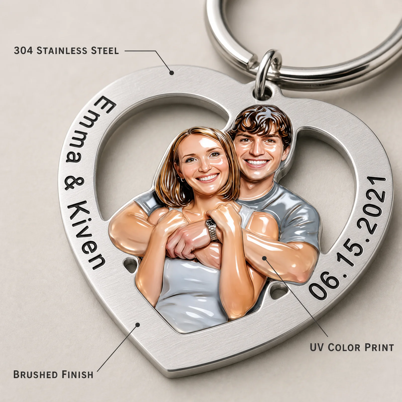 Custom Photo Heart Keychain Personalized Cartoon Portrait 304 Stainless Steel Custom Name Date Couple Gift