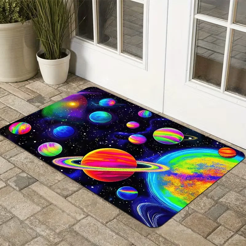 Neon Rainbow Planet Galaxy Doormat Vibrant Outer Space Cosmic Print Non Slip Entrance Mat Indoor Outdoor Decor