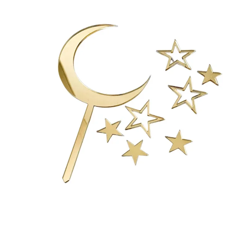 New Gold Acrylic Birthday Cake Topper Gold Welcome To The Stars Moon Cake Toppers for Baby Eid Mubarak Party Cupcake Decoration