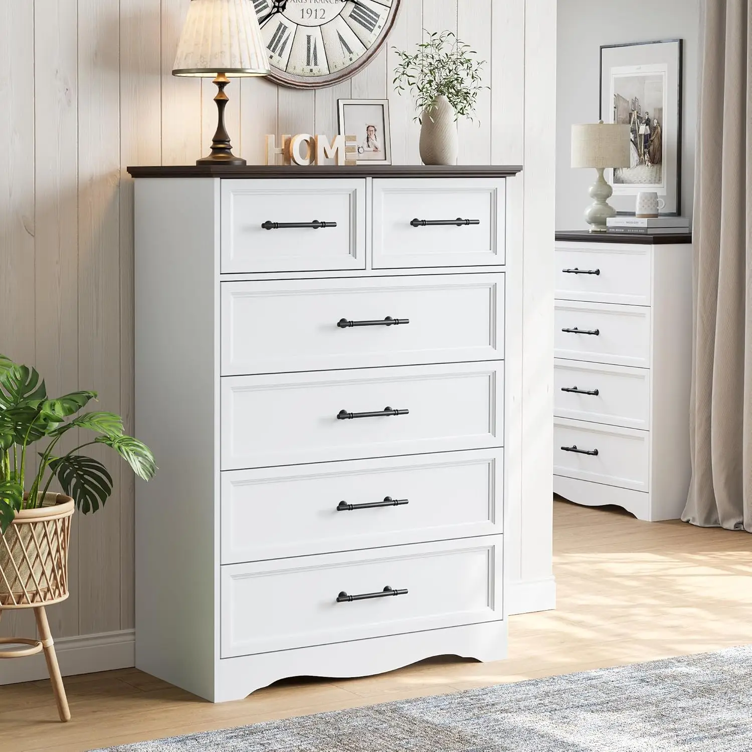 

White Dresser for Bedroom, Modern 6 Chest of Drawers, 44" Tall Chest of Drawers w/Brushed Metal Handle, Wood Closet Organizers a