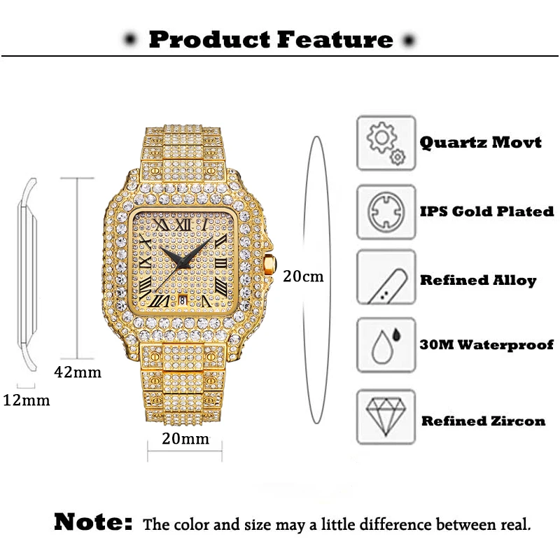 MISSFOX Ice Out Square Watch For Men Top Brand Luxury Full Diamond Mens Watches Ultra Thin Waterproof Hip Hop Clock Hot Sale