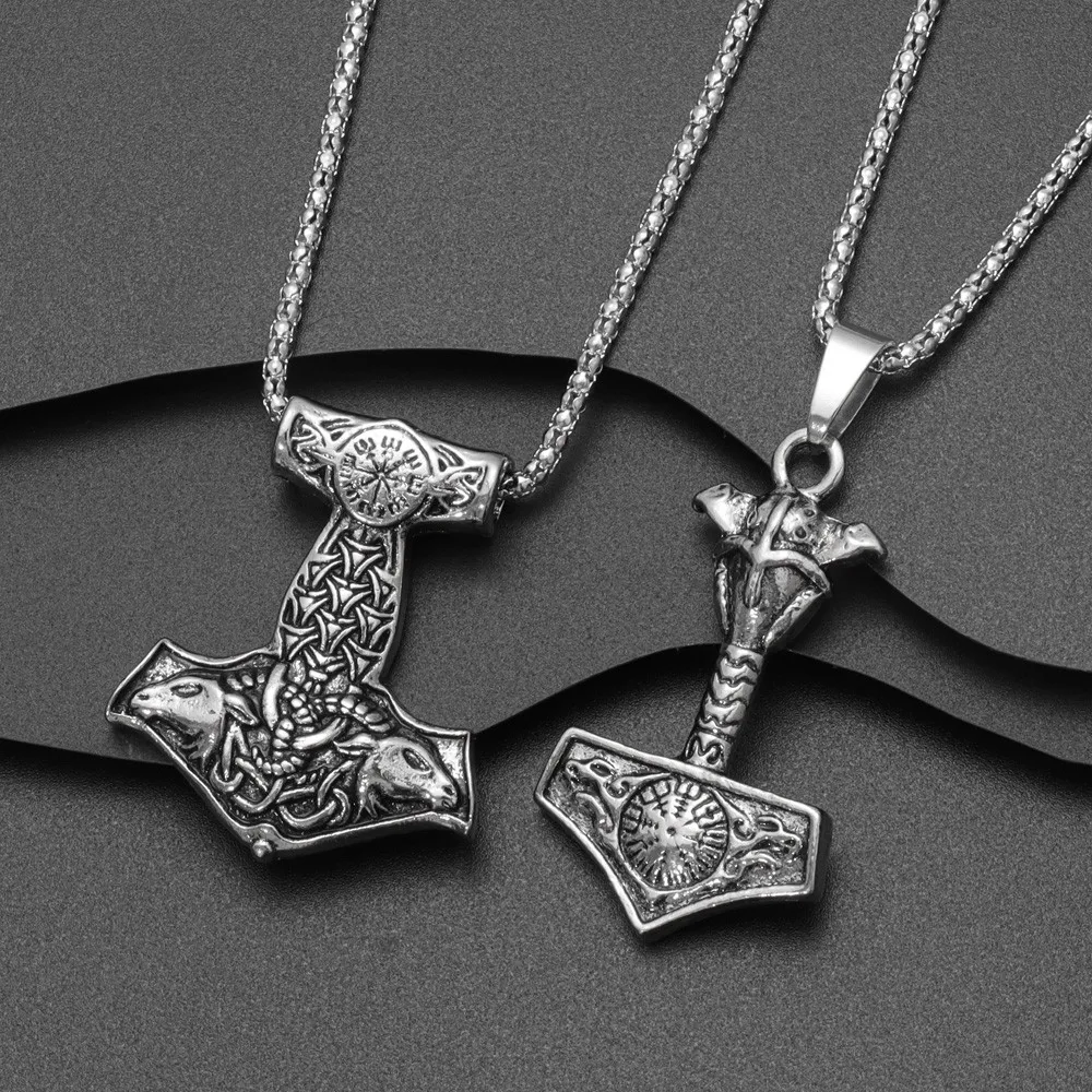 Vintage Gothic Raven Celtic Wolf Thor Hammer Pendant  Zinc Alloy Men Necklace Domineering Personality Clothing Necklace