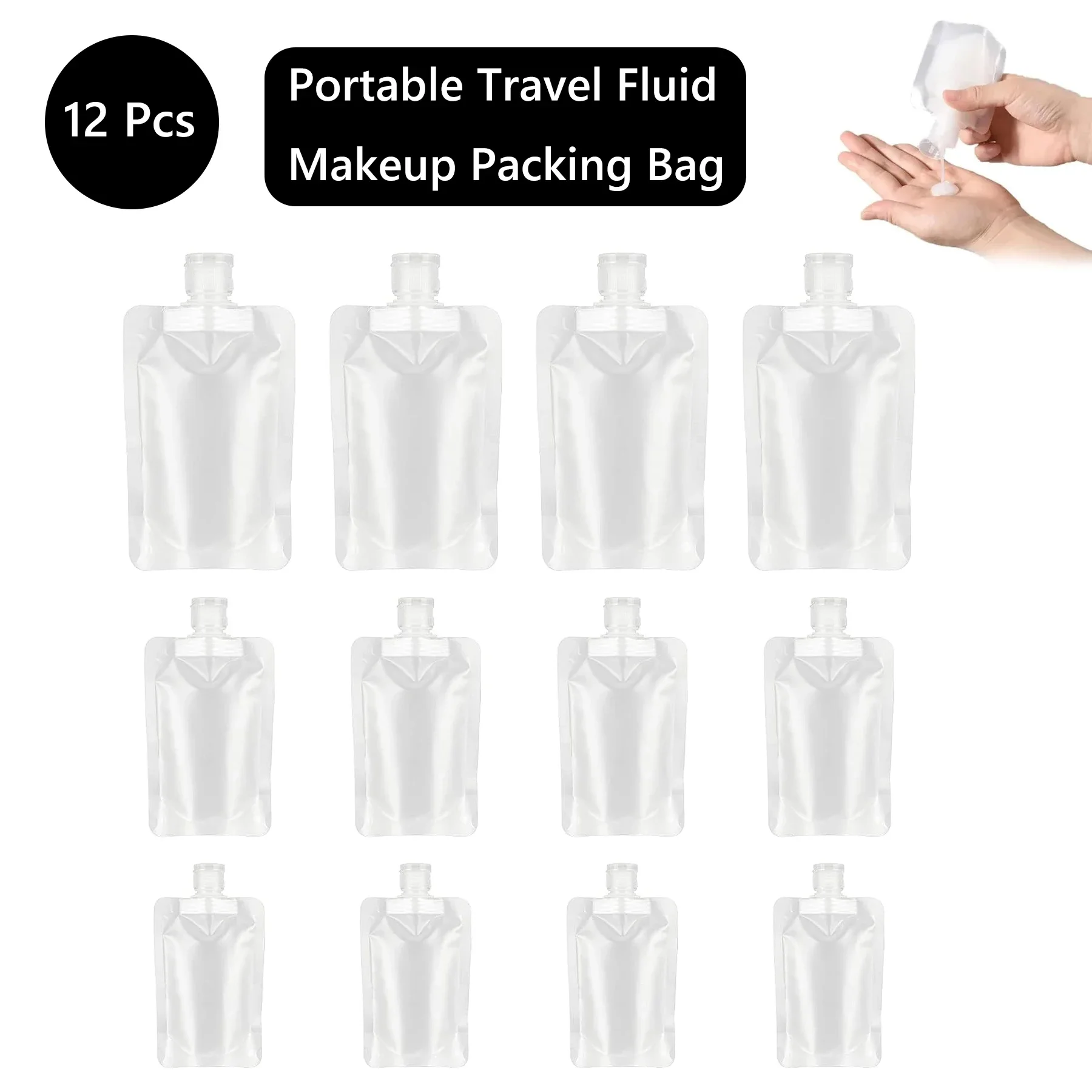 12Pcs 30/50/100ml Portable Travel Fluid Makeup Packing Bag Leak Proof Refillable Empty Squeeze Pouch Transparent Clamshell Bag