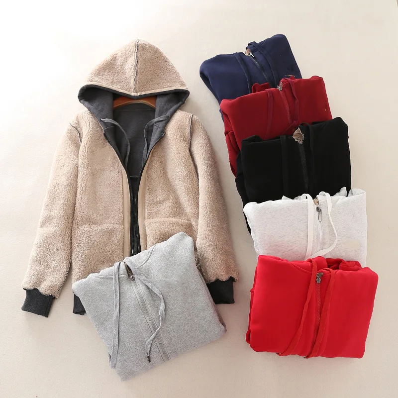 

Wool Hooded Sweatshirt for Women Autumn and Winter Plus Size Warm Cotton Jacket Thickened Zipper Cardigan Coat