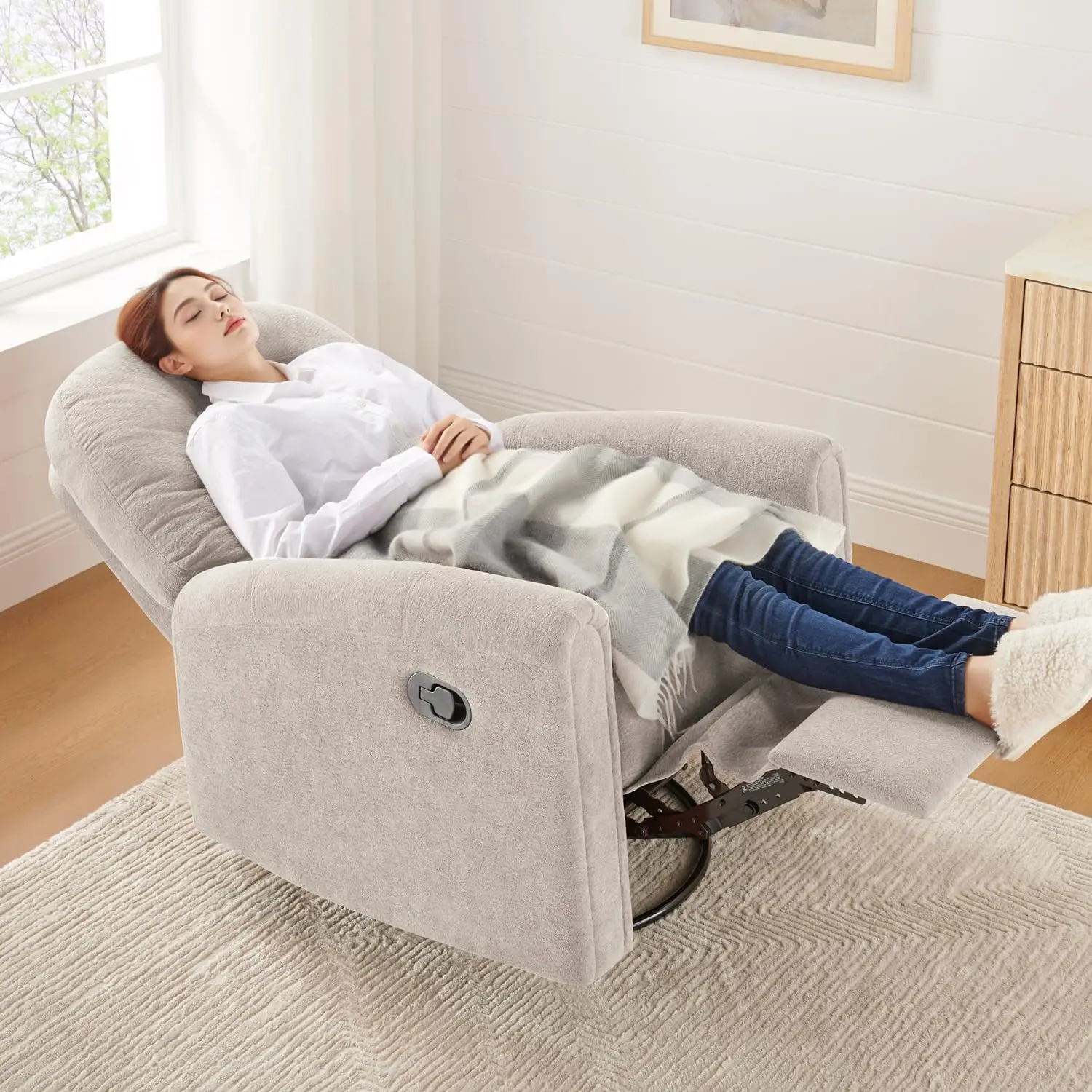 360 Swivel Rocker Recliner Chair for Nursery, Living Room, Bedroom in Small Spaces, Camel Upholstery, Tufted Backrest