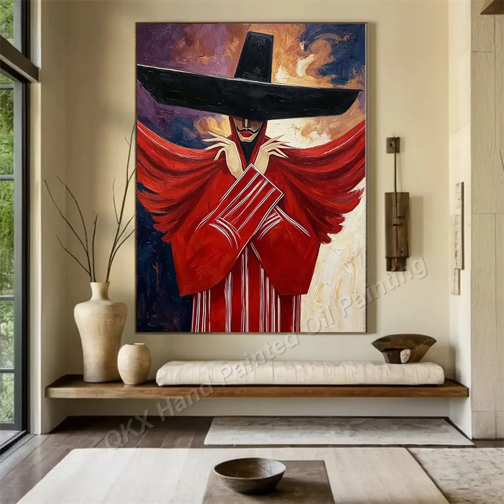 100% Handmade European Mid-Century Abstract Oil Painting - Large Canvas Red Cloak Man Wall Art for Living Room Decor