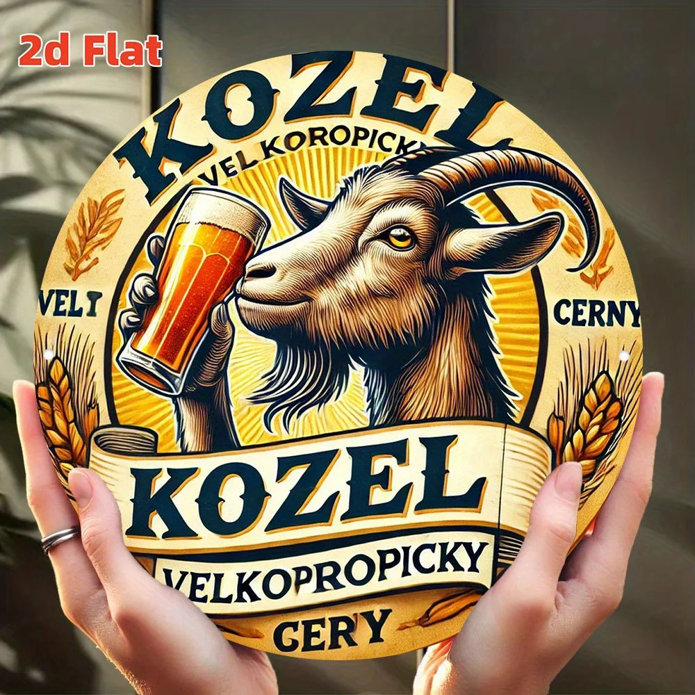 لوحة فنية جدارية معدنية مسطحة ثنائية الأبعاد من Kozel Czech Brewery Vintage Beer Logo - علامة ألومنيوم مستديرة مقاس 19.81 سم مع تصميم الماعز والبيرة، متينة #4