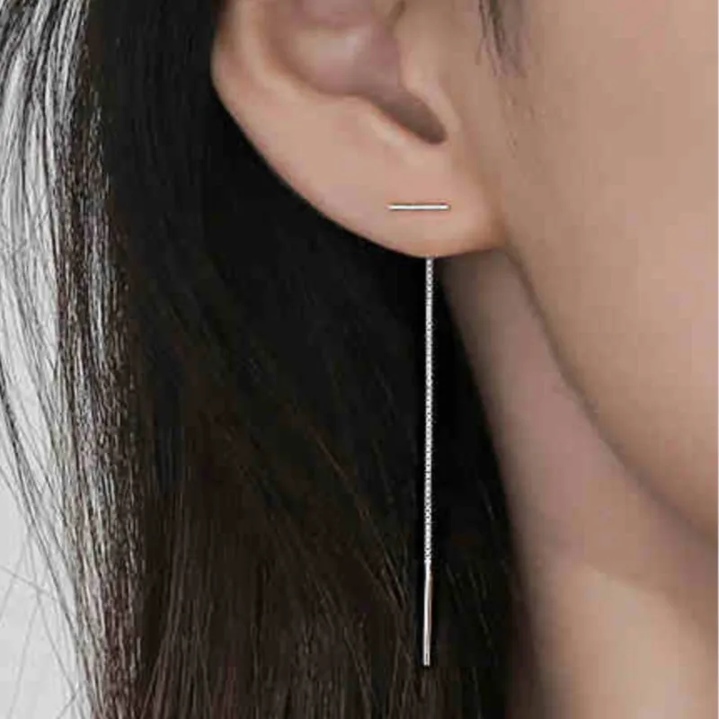 Thin Strip Simple Silver Color Dangling Long Hanging Earrings For Women Girls Threader Jewelry Accessories