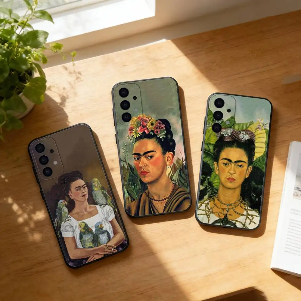 Capa de Celular Fashion Artística Frida Kahlo para Samsung S25, S24, S21, S22, S23, S30, Ultra, S20, Plus, Fe, Lite - Carcaça Preta