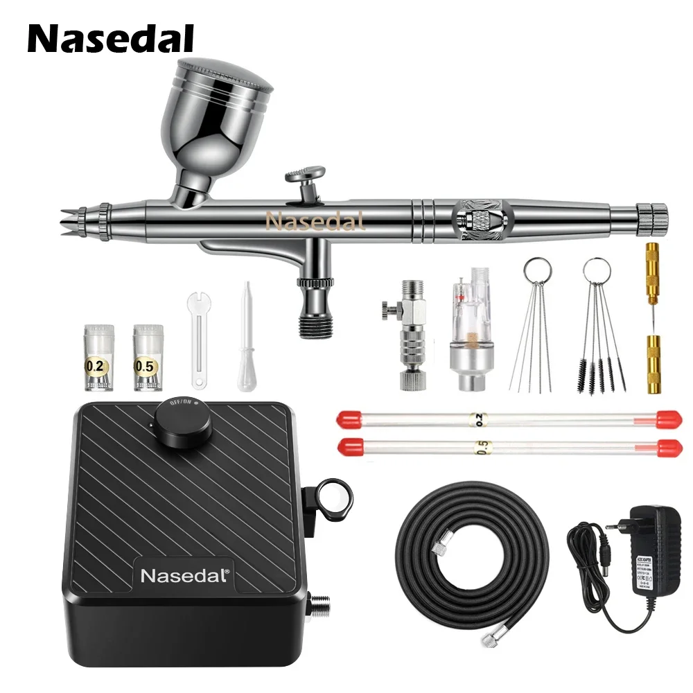 Nasedal Airbrush Kit Upgraded 40 PSI Dual-Action Airbrush Compressor Kit for Nail Makeup Model Cake Painting 0.2mm/0.3mm/0.5mm