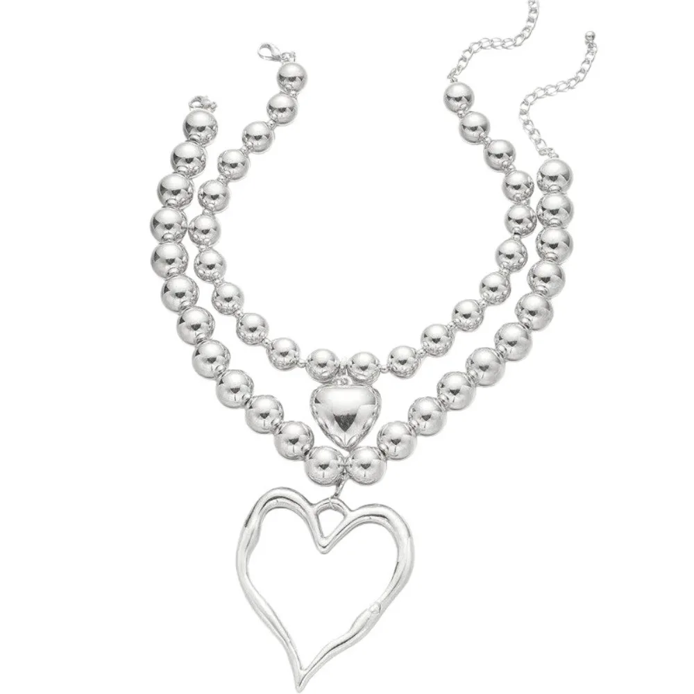 

Exaggerated Big Heart Pendant Necklace Hollow Heart Aesthetic CCB Ball Beads Necklace Vintage Funny Chain Jewelry Girls Gift
