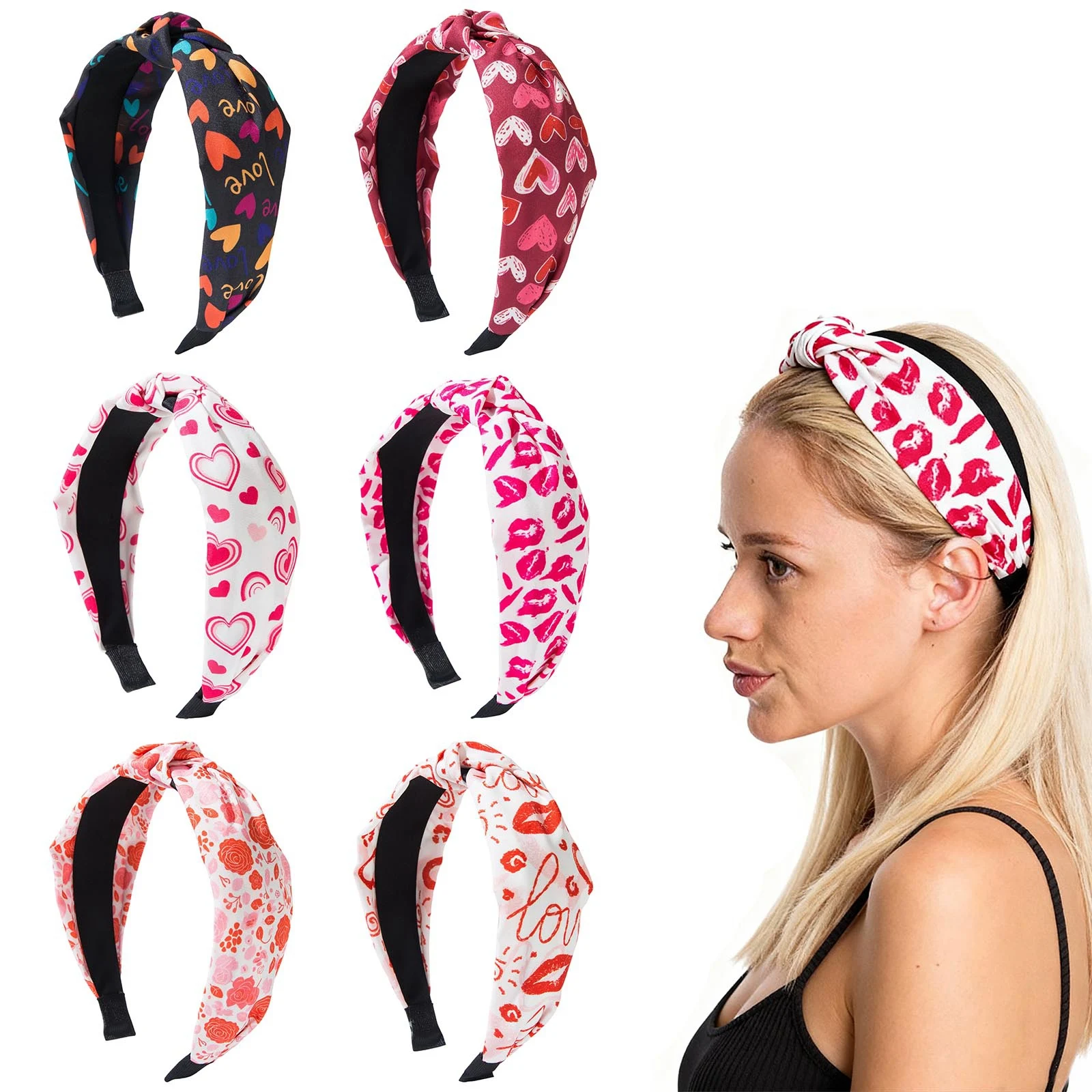 

Valentine's Day Fashion Women Sweet Hair Hoops Girls Versatile Knotted Printed Heart Headband Festive Party Hair Accessory