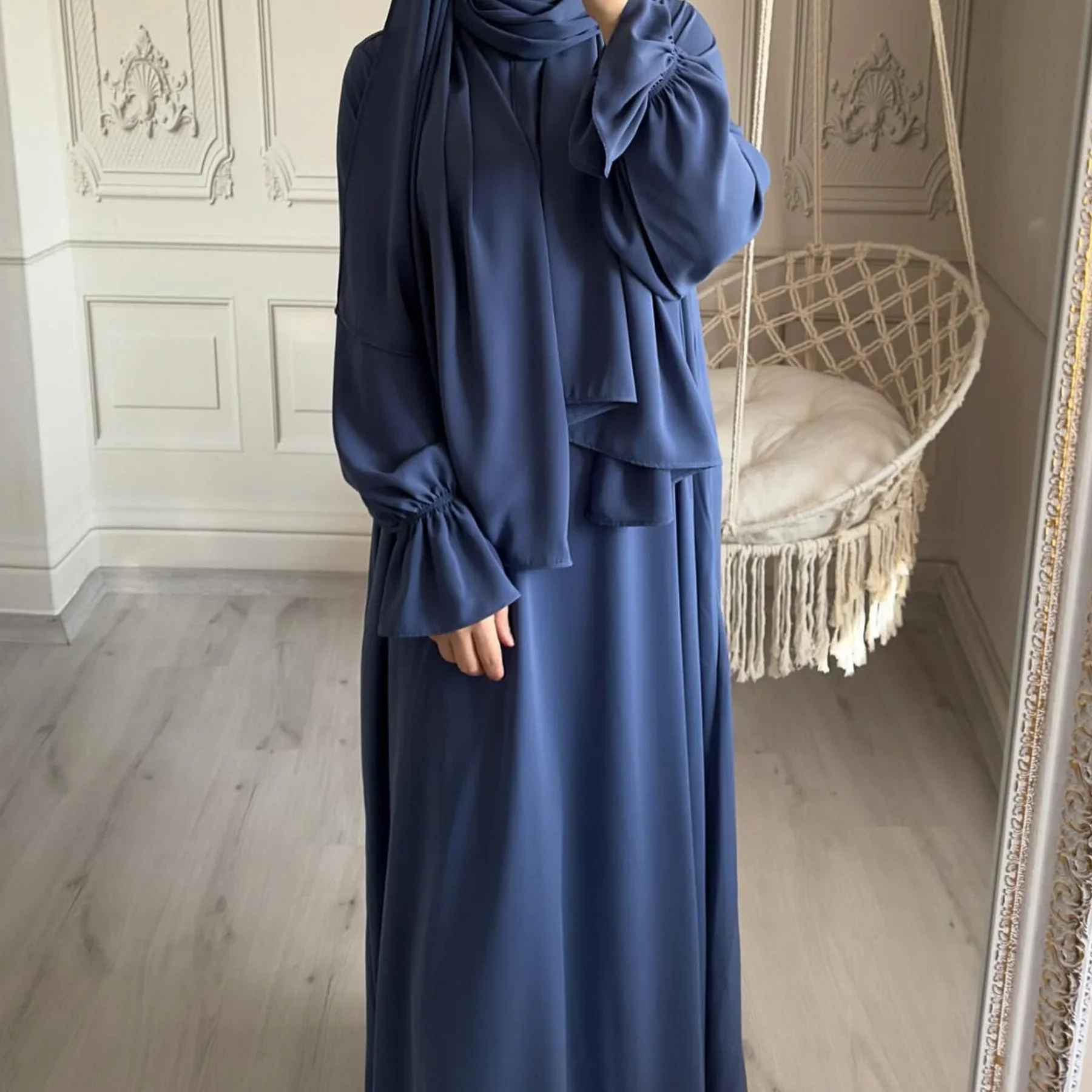 Plain Abaya with Integrated Hijab Scarf Zipper Front Islamic Jilbab One Piece Muslim Women Prayer Clothes Dubai Dress Ramadan