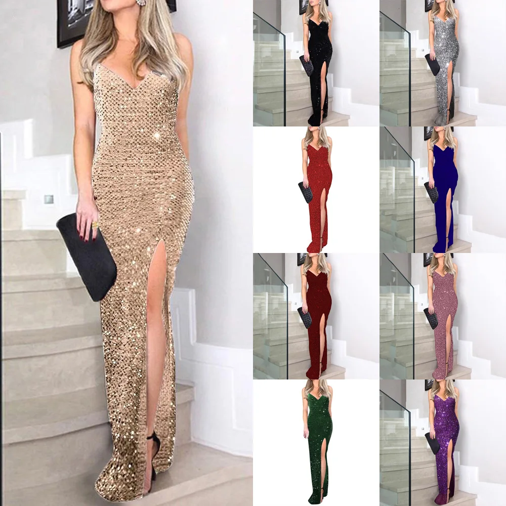 

Women Sequins Formal Party Dress V Neck Spaghetti Strap Sparkly Elegant Cocktail Gowns 2024 Sexy High Split Slim Evening Dresses