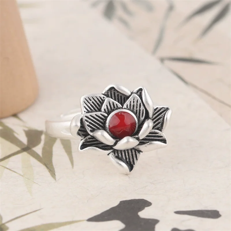 خمر التايلاندية الفضة الحجر الأحمر زهرة اللوتس قابل للتعديل خواتم الاصبع للنساء موضة جديدة مجوهرات حفلة هدية عيد الحب