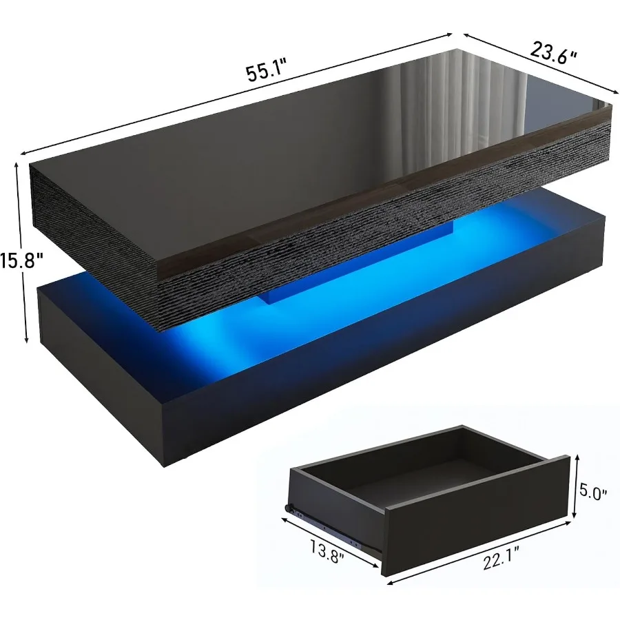 Modern living room coffee table, high-gloss acrylic, white, sleek LED-lit design with reflective surface