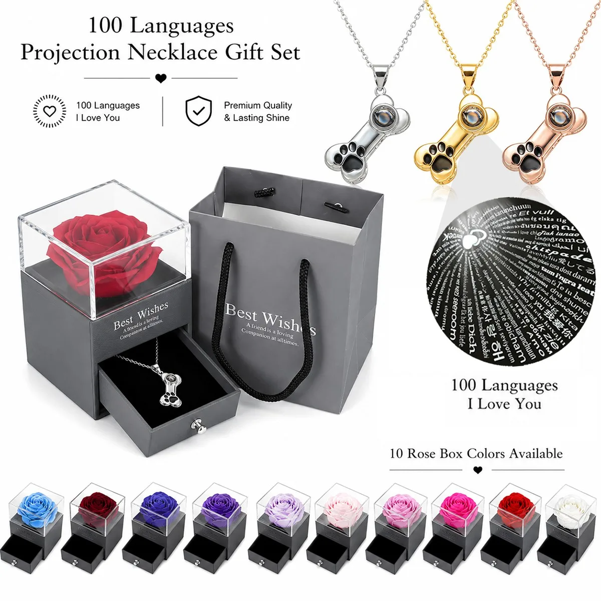 100 Languages Projection Pendant Dog Bone Necklace For Women With Rose Gift Box Christmas Valentine Birthday Wedding Jewelry