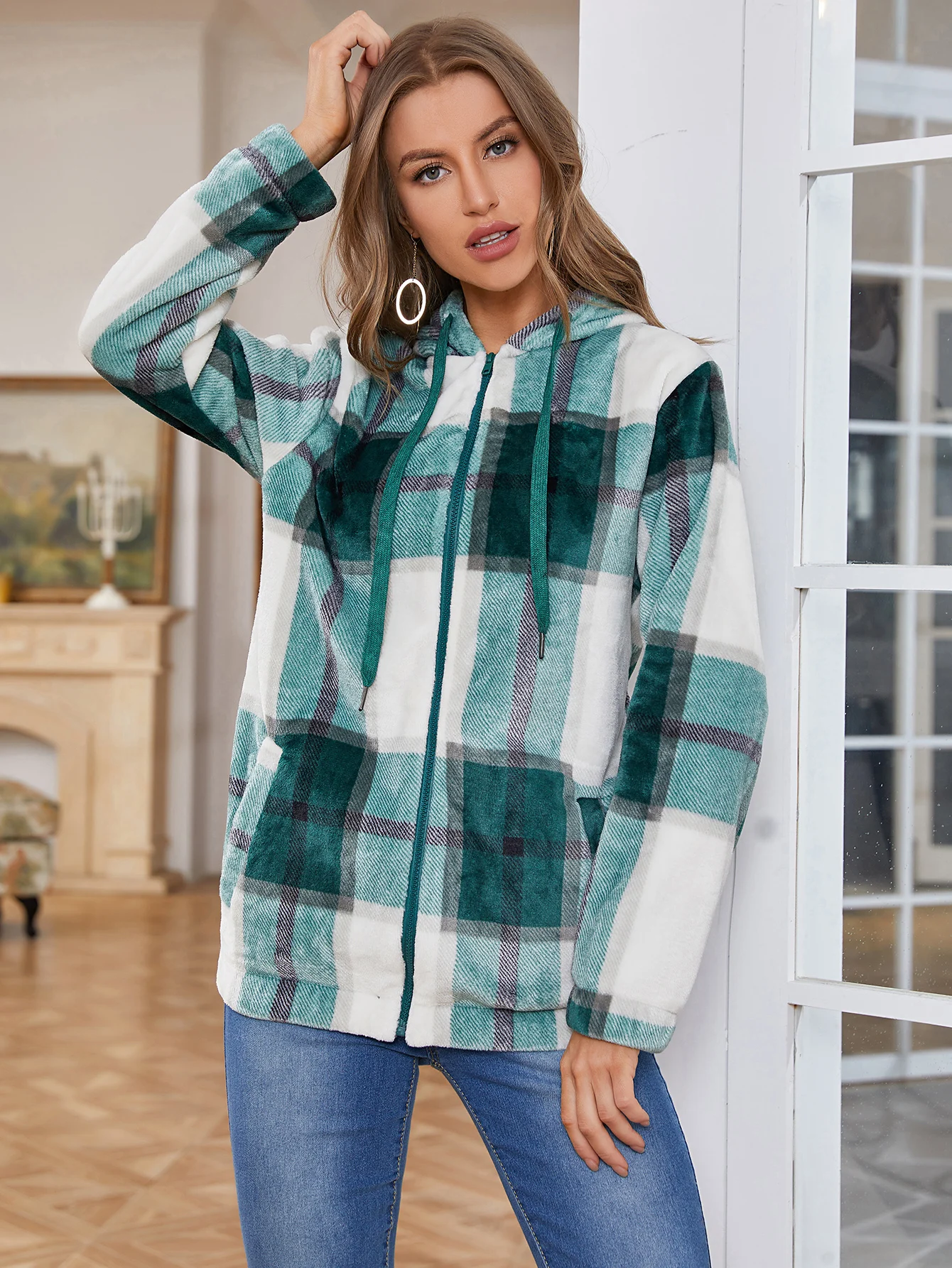 FTLZZ Autumn Winter Women Casual Flannel Plaid Zip Up Jacket Hoodies Long Sleeve Shirt Jacket Coats with Pockets