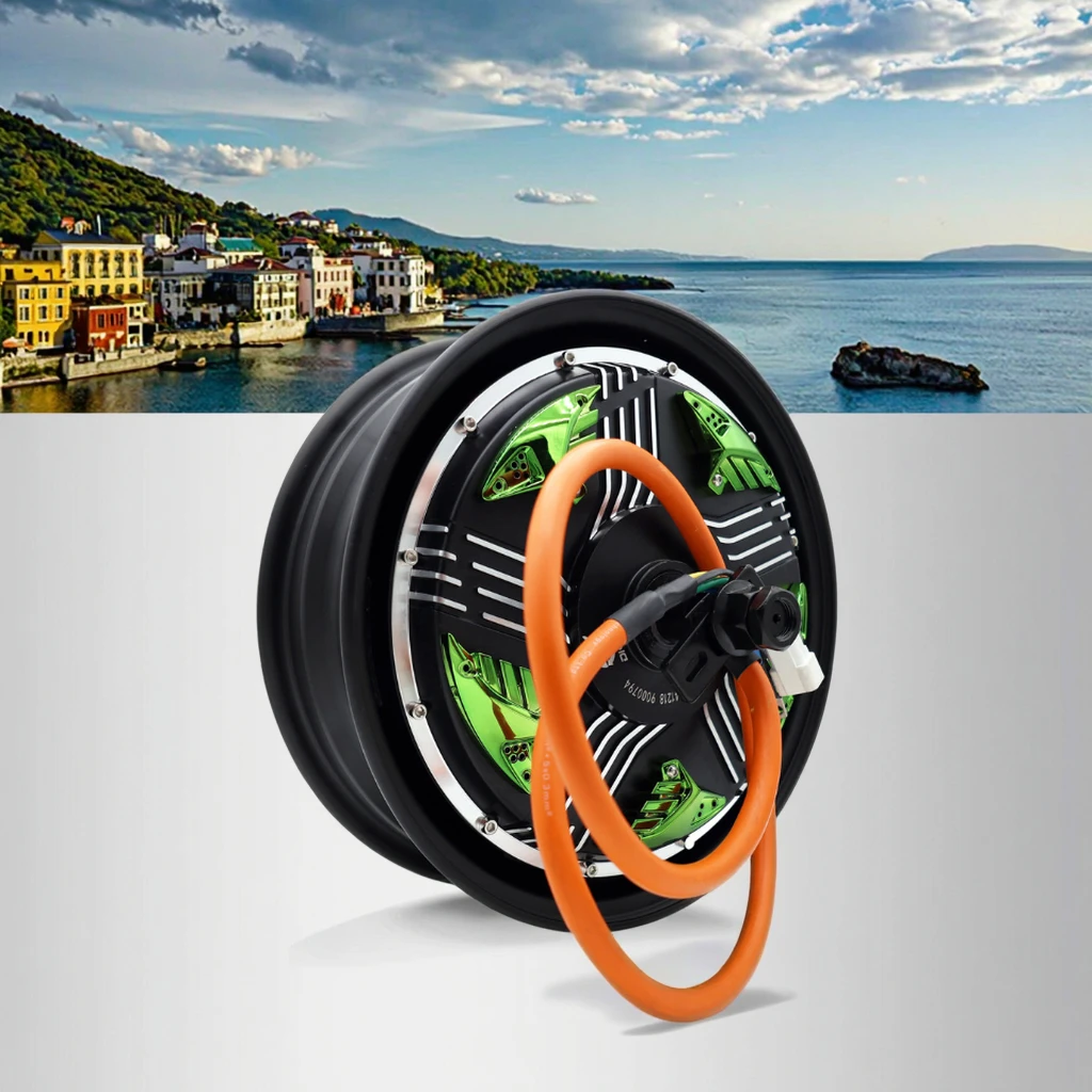 Motor 12-Inch Brushless DC Motor IP65 Waterproof 60-72V Continuous 2000W Disc Brake Permanent Magnet Construction Green