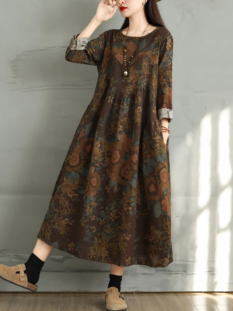Cotton Vintage Print Floral Dresses 2026 Women Casual Loose Long Sleeve Dress Femme Robe Vestidos Elegant Spring Autumn Clothing