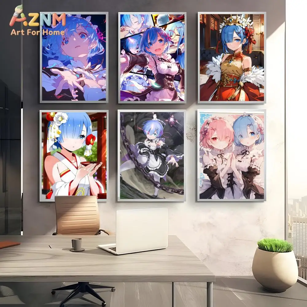 AZNM Re:Zero Rem Anime Canvas Wall Art, Blue Hair Maid Character Print, Japanese Manga Room Decor